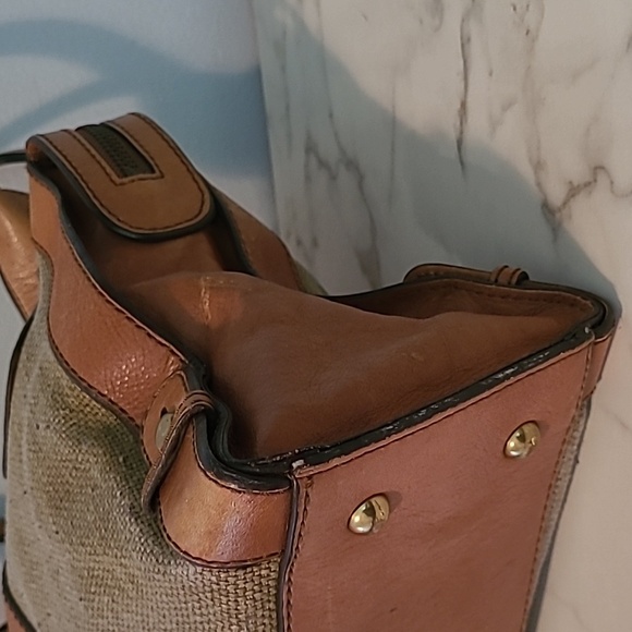 Fossil Vintage Revival Tan Leather Sage Canvas Top Handles Satchel Shoulder Bag - Picture 4 of 16